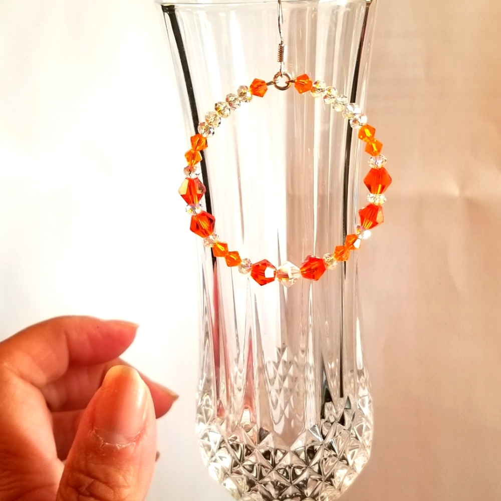 Swarovski Crystals Orange Tangerine Hoops Earrings Hand-made